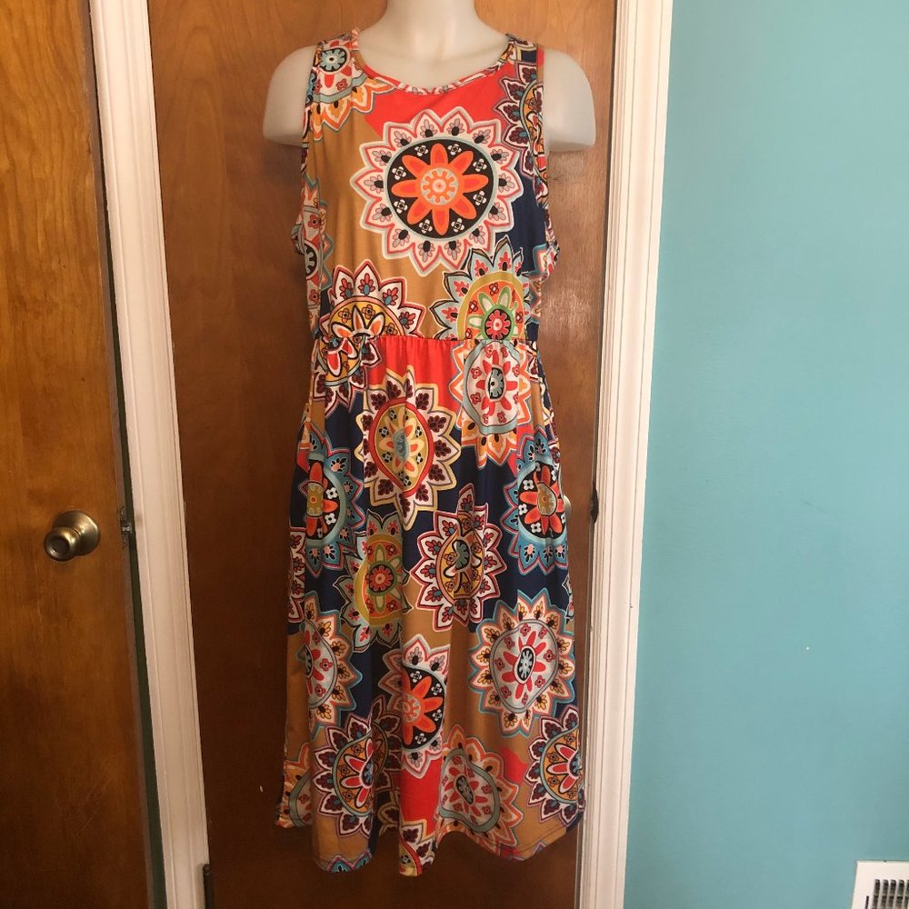 OURS FLORAL TAN/ORANGE RACERBACK KNEE LENGTH DRESS